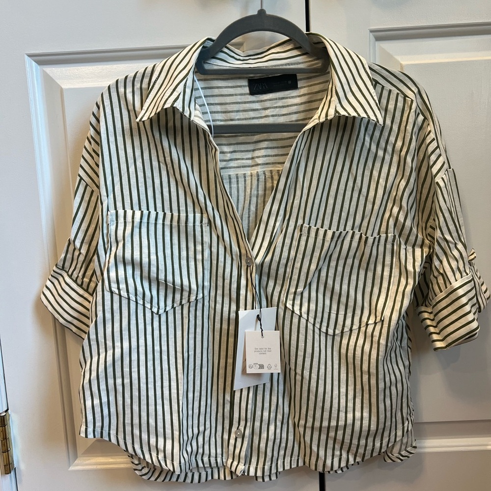 Zara Green and White Striped Linen Shirt